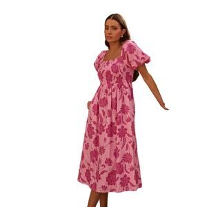 Pink Floral Smocked Midi Dress Puff Sleeve Square Neck A-Line Summer Sz L - NWT